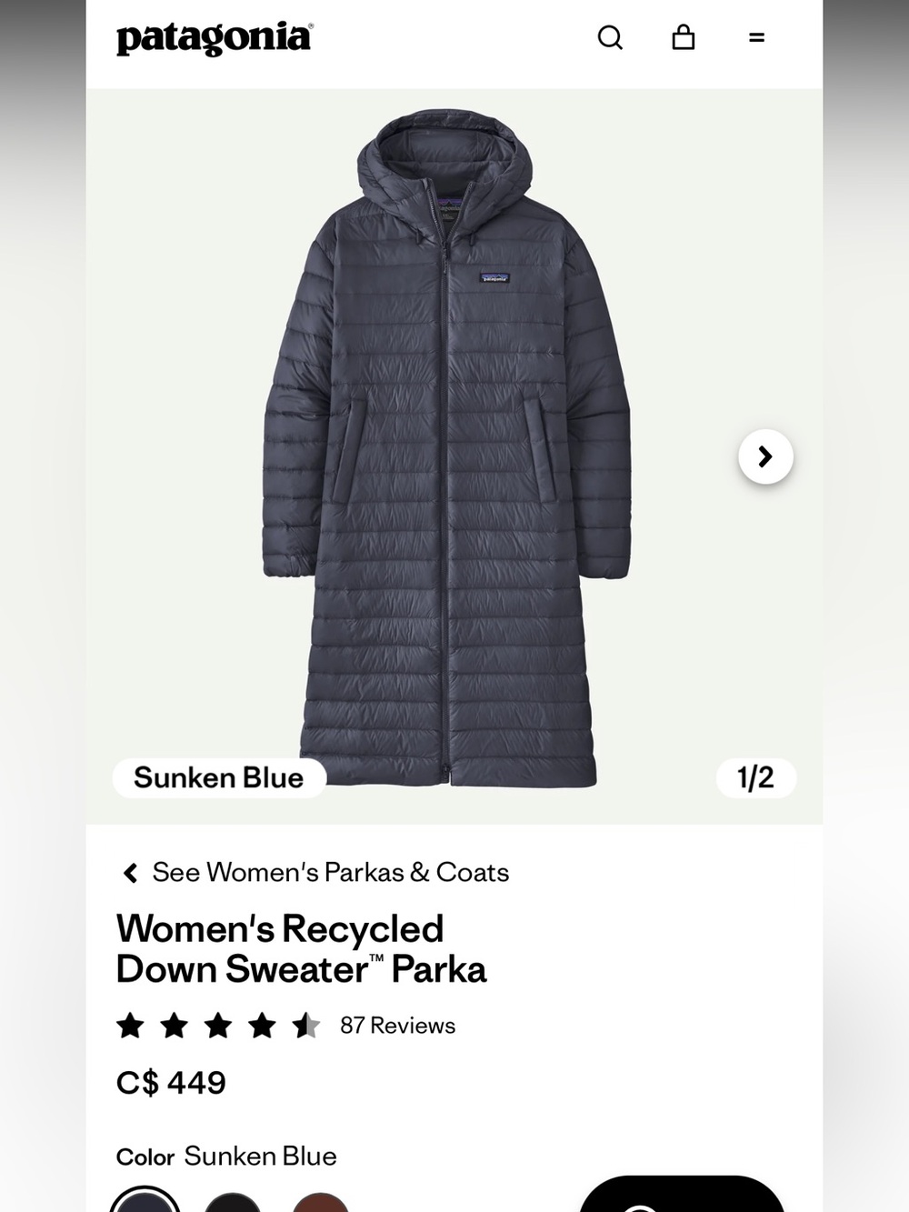 Patagonia womenβs Navy Insulated Long Puffer Coat - Medium
